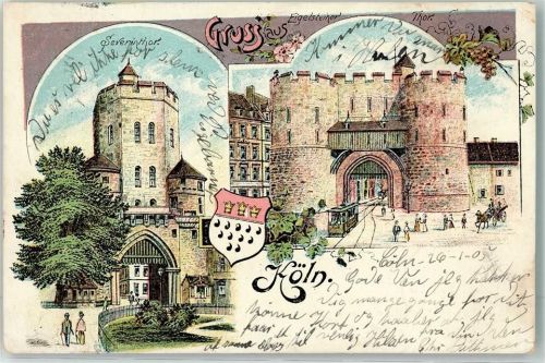 50667 W5021 Köln Neustadt-Süd 102 1905 Lithographie Severintor und Eigelsteiner Tor Straßenbahn Stadtwappen
