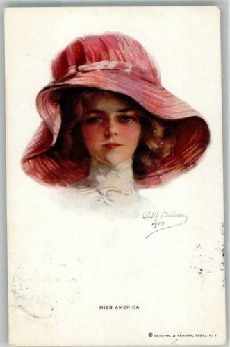 1912 Portrait einer jungen eleganten Frau Miss America Hutmode Verlag Reinthal & Newman No. 208