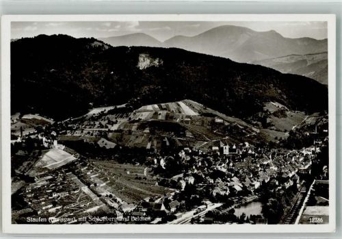 Staufen 1939 Fliegeraufnahme des Ortes mit Schloßberg und Belchen