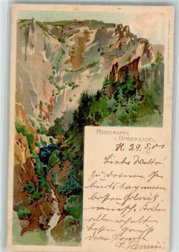 06502 O4308 Thale 1901 Lithographie Rosstrappe u. Bodekessel