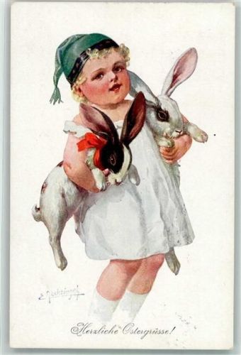 1921 Ostern Kind mit Zipfelmütze 2 Hasen im Arm Verlag Brüder Kohn B.K.W.I. 4602-3