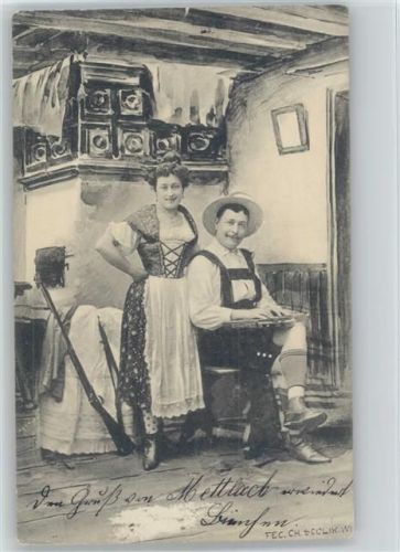 1903 Bauernstube - Gewehr steht am Kachelofen - Trachten