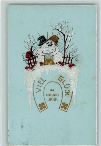 1913 Neujahr - Schneemänner küssen sich, Hufeisen AK