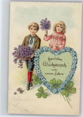Herz aus Blüten, Kinder mit Veilchen - Neujahr Vergissmeinnicht Prägedruck