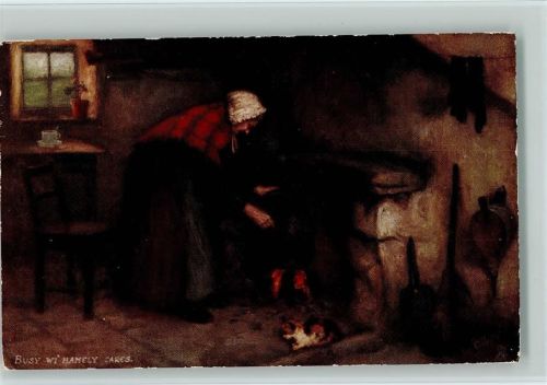 Tucks Oilette Skotish Life an Charakter Serie III Nr. 9343 , am Kamin Feuer anmachen