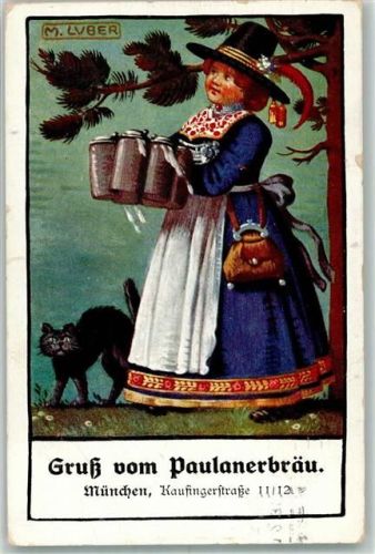 München 1913 sign. M. Luber Paulanerbräu Kellnerin Bierkrug Geldtasche
