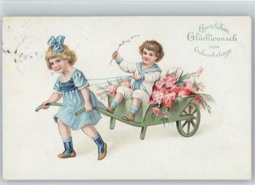Kinder mit Schubkarre, Blumen