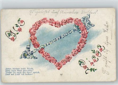 Amor hast du mein Herz getroffen Litho AK 1911 AK Vergissmeinnicht