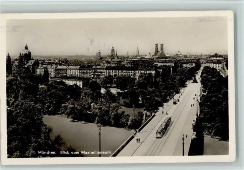 München 1935 Blick vom Maximilianeum , Straßenbahn auf der Brücke AK