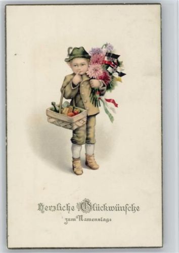 Namenstag- Junge mit Korb, Blumenstaruß mit kleinen Fähnchen