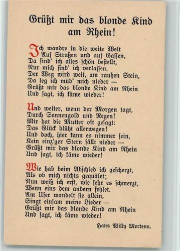 Liederkarte , Grüßt mir das blonde Kind am Rhein