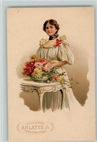 Werbung: Chicoree Arlatte 1900 litho AK Frau mit einer Blumenschale