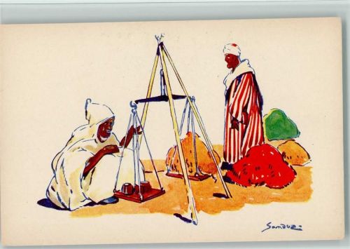 sign Sanduz - Nord Afrika Straßenverkäufer mit Waage - Typen, Berufe Afrikan. Volkstyp Künstlerkarte