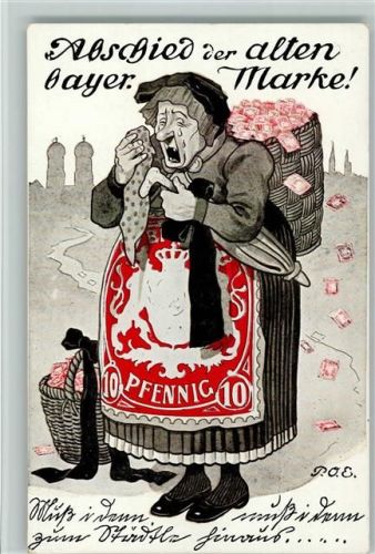 Abschied der alten bayr. Marke - Alte Frau mit einer Kiepe voll Briefmarken sign P.O.E. AK