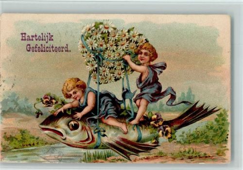 Hartelijk Gefeliciteerd - Kinder fliegen mit einem großen Fisch, Herz aus Margeriten Blumen 1910 AK