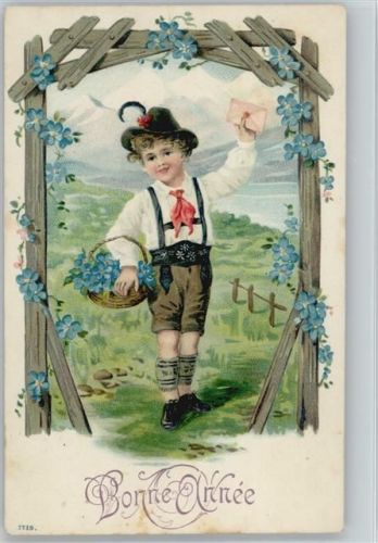 1907 Bonne Annee - Trachten, Lederhose, Korb mit Veilchen, Brief
