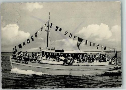 1961 Fahrgastschiff Hai im Flaggenschmuck - Ostseebad Heiligenhafen AK kleine Stempelspuren