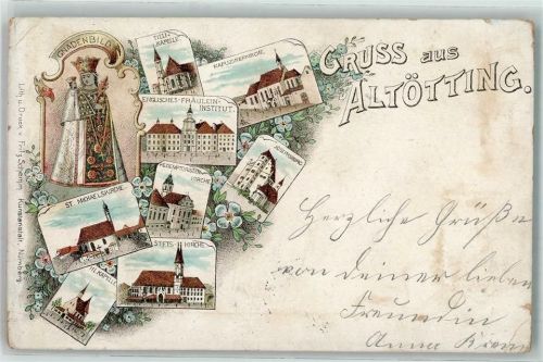 Altötting 1898 Gnadenbild St. Michaelskirche Tilli-Kapelle Englisches-Fräulein-Institut Josephsburg Lithographie