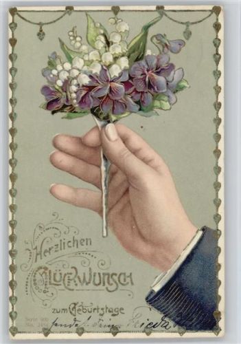 Serie 900 Nr. 2454 - Eine große Hand hält kleine Strauß mit Maiglöckchen und Veilchen - Geburtstag - Umrandung sind HerzenV Maiglöckchen Prägedruck