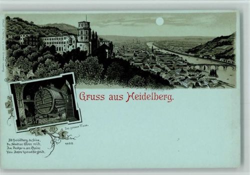 69115 W6900 Heidelberg , Neckar Lithographie / Mondschein Gesamtansicht Grosses Fass