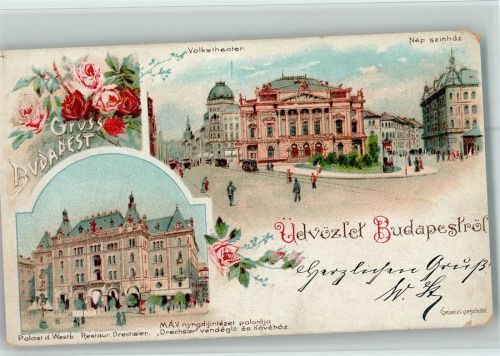 Budapest 1902 Gruss aus Theater, Restaurant Drechsler , Litfaßsäule, Straßenbahn, gute Erhaltung, Ecke etwas geschüft