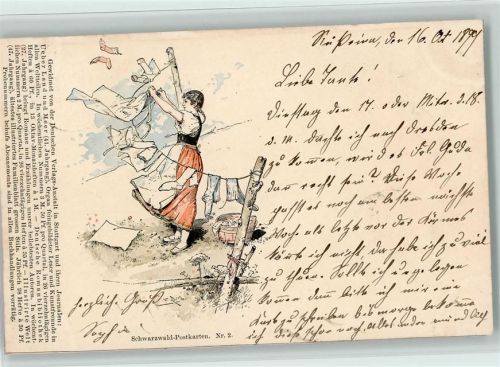 Schwarzwaldpostkarten Nr. 2 - Wäsche aufhängen Reiss Fritz 1899 Künstlerkarte