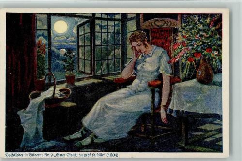 Volkslieder in Bildern Nr. 9 "guter Mond, du gehst so stille - Wohlfahrtskarte der Kolonial Kriegerspende Liederkarte