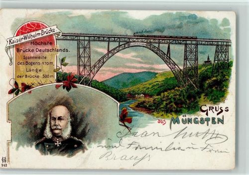 Solingen Gruss aus Müngsten , Litho AK Kaiser Wilhelm Brücke mit Eisenbahn