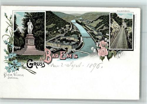 Bad Ems 1896 Gruss aus Bad Ems, Malbergbahn, Kaiser Wilhelm Denkmal