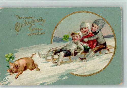 1911 Neujahr - Glücksschwein zieht den Dreier-Schlitten der Kinder