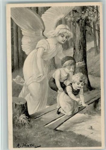Kinder spielen auf einem Steg 1907 AK Schutzengel Künstlerkarte