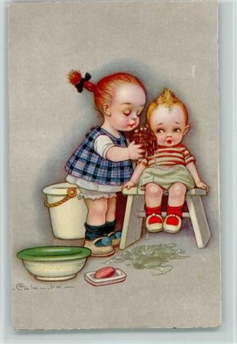 Serie 2045-2 - Kinder waschen sich mit einem Schwamm und Seife