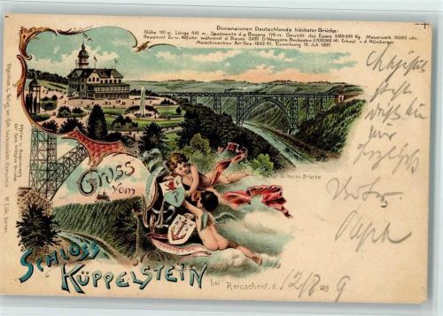 Remscheid Gruss aus - Eisenbahnbrücke, Wappen, Schloss Küppelstein, gute Erhaltung AK