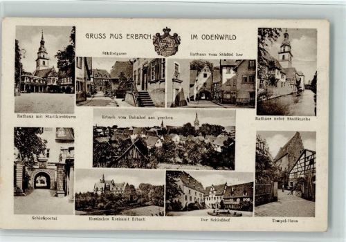 Erbach Rathaus mit Stadtkirchturm Schloßportal Städtelgasse Rathaus vom Städtel her Rathaus nebst Stadtkirche Erbach vom Bahnhof aus gesehen Hessisches Kreisamt Erbach Der Schloßhof Tempel-Haus Mehrfahcuanfhame
