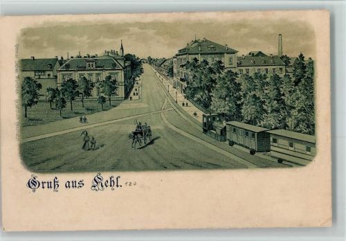 Kehl 1898 Gruss aus - Ottmar Zieher - Eisenbahn fährt durch den Ort AK