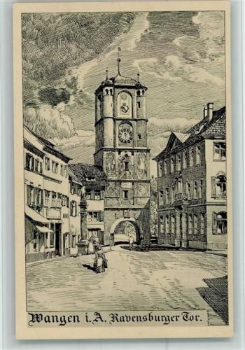 Wangen Künstlerkarte Merian- Ravensburger Tor - Federzeichnung