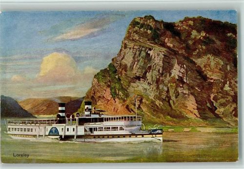Raddampfer bei der Loreley - Köln Düsseldorfer Rheindampfschiffahrt , Bordstempel des Dampfers Hindenburg