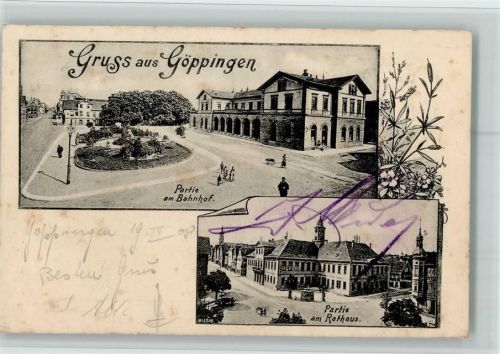Göppingen 1908 Bahnhof, Rathaus AK