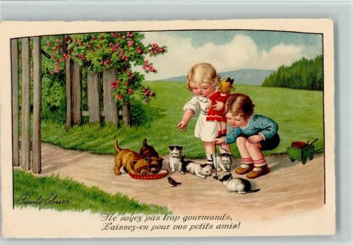 Serie A.G.B 3292 - Mädchen mit einer Puppe, Hunde und Katzen