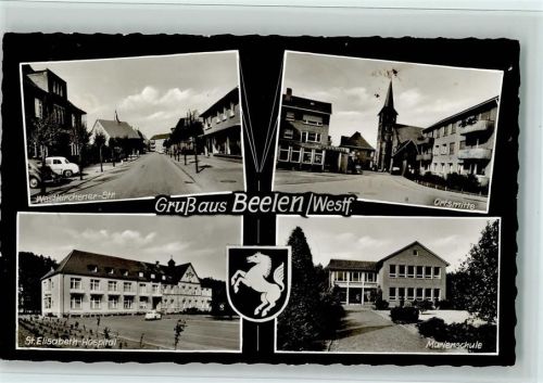 Beelen 1966 Ortsmitte, Elisabeth Hospital, Westkirchener Straße, Marienschule, gute Erhaltung, kleiner Fleck, AK