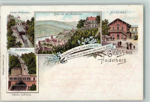 69115 W6900 Heidelberg , Neckar 1895 Lithographie Station Molkenkur Bergbahn Blick von der Molkenkur Molkenkur 4-Bildaufnahme