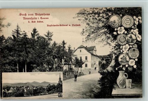 Neuenhain 1910 Gesamtansicht Batzenhaus Aepfelwein-Kelterei und Versand 2-Bildaufnahme