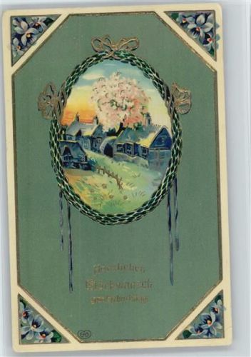1912 Biedermeier Bilderrahmen mit Goldschleifen , Vergissmeinnicht , Golddruck Präge