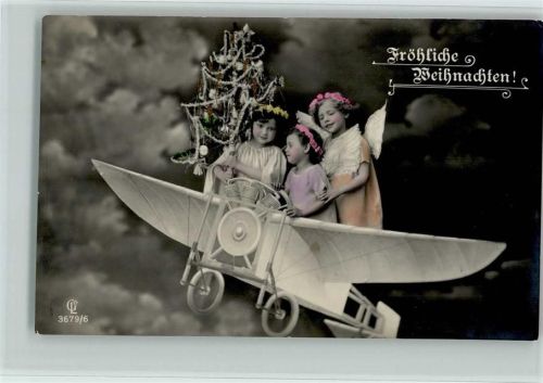 1913 Serie 3679-6 Weihnachten, geschmückter Tannenbaum, Fantasie Flugzeug mit Engel AK