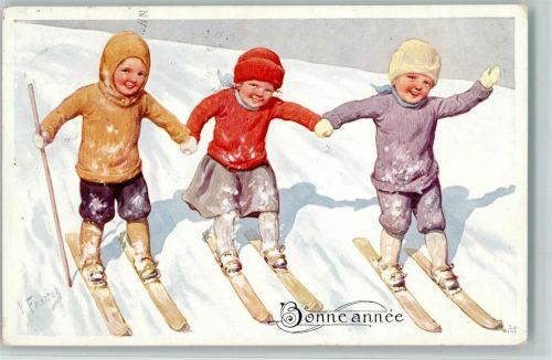 BKW Serie 677-3 - Bonne Annee, Kinder mit Ski, AK
