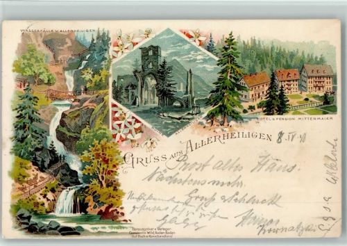 W7603 Oppenau Wasserfälle v. Allelheiligen Ruine Allerheiligen Hotel Pension Mittenmaier Wasserfall 1898 Lithographie