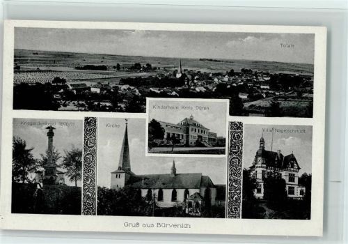 Bürvenich 1956 Kriegerdenkmal, Kinderheim , Kirche , Villa Nagelschmidt, gute Erhaltung AK