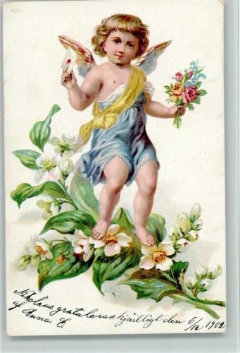 mit Liebesbrief und Blumen Amor Lithographie