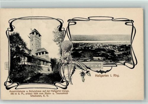 Hallgarten Aussichtsturm Schutzhaus auf der Hallgarter Zange Jugendstilrahmen Offizielle Karte des Rhein- und Taunus-Klub Wiesbaden