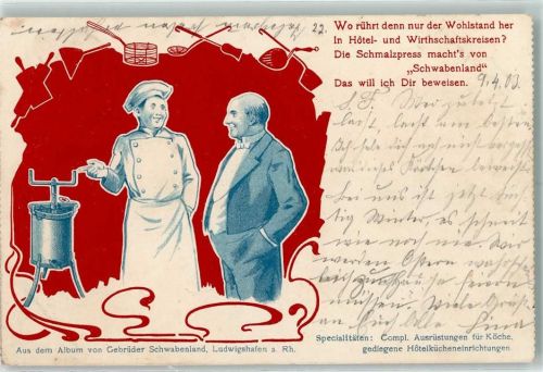1903 Schmalzpresse - Ausrüstungen für Köche , Jugendstil, Mignon Karte AK